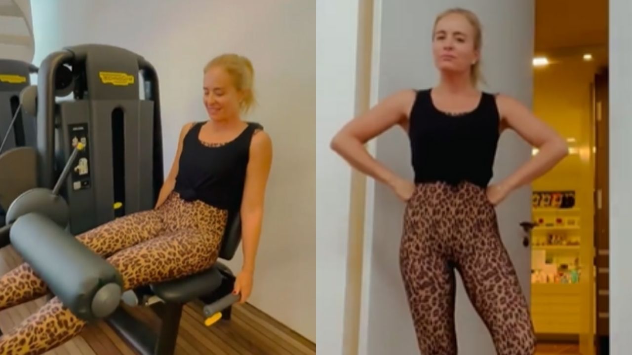 Com legging de oncinha, Angélica pega firme no treino e ostenta corpão em forma aos 47 anos: “Sai pra lá preguiça”