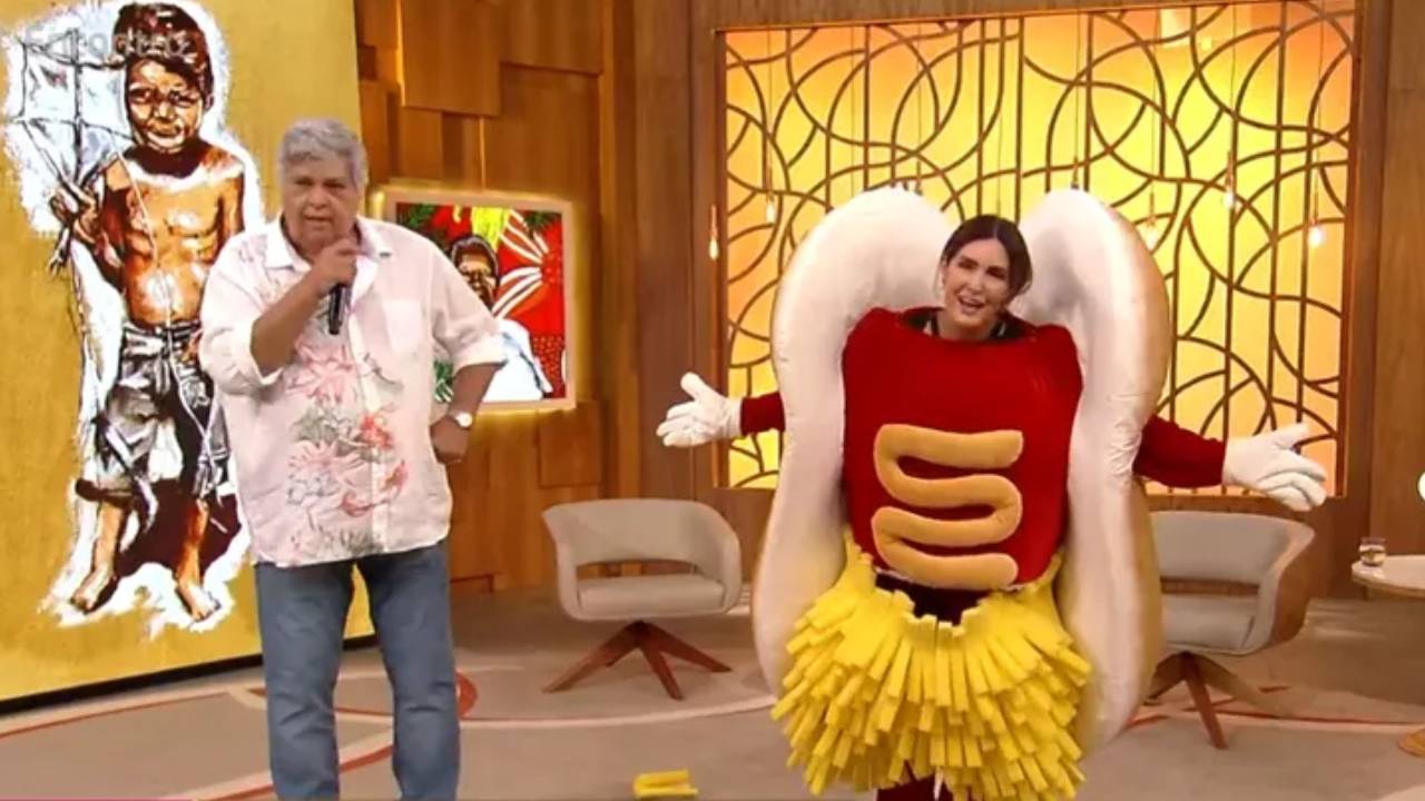 No ‘Encontro’, Fátima Bernardes surge vestida de ‘dogão’ e rebola muito com Sidney Magal: “Não tem limite”