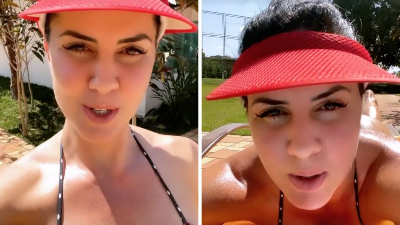 De fio-dental, Graciele Lacerda posa na piscina da mansão de Zezé di Camargo: “Pegando um solzinho”