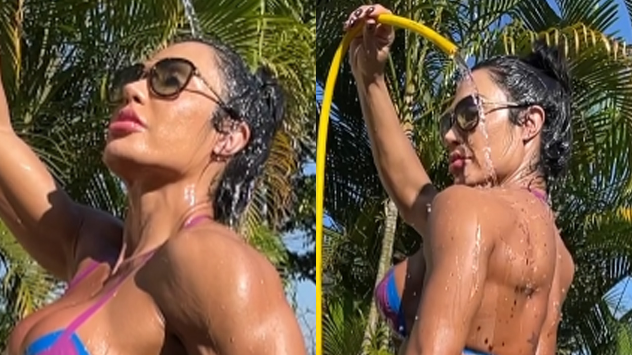 Gracyanne Barbosa toma banho de mangueira e bumbum gigante engole biquíni: “Significado de perfeição”