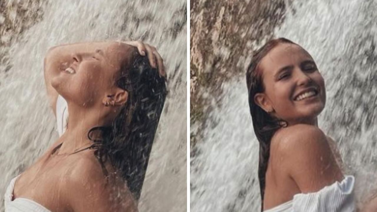 Em momento ousado, Larissa Manoela toma banho de cachoeira com biquíni branco: “Linda demais”