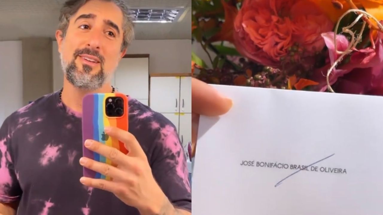 Nas gravações do ‘Caldeirão’, Marcos Mion é recepcionado com buquê de flores de Boninho: “Sem palavras”