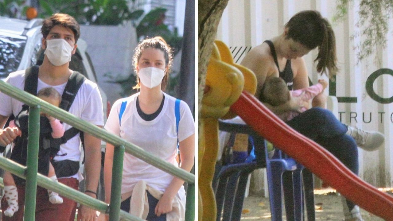 Maternidade real: Nathalia Dill leva a filha para passear e faz parada em praça pública para a amamentação