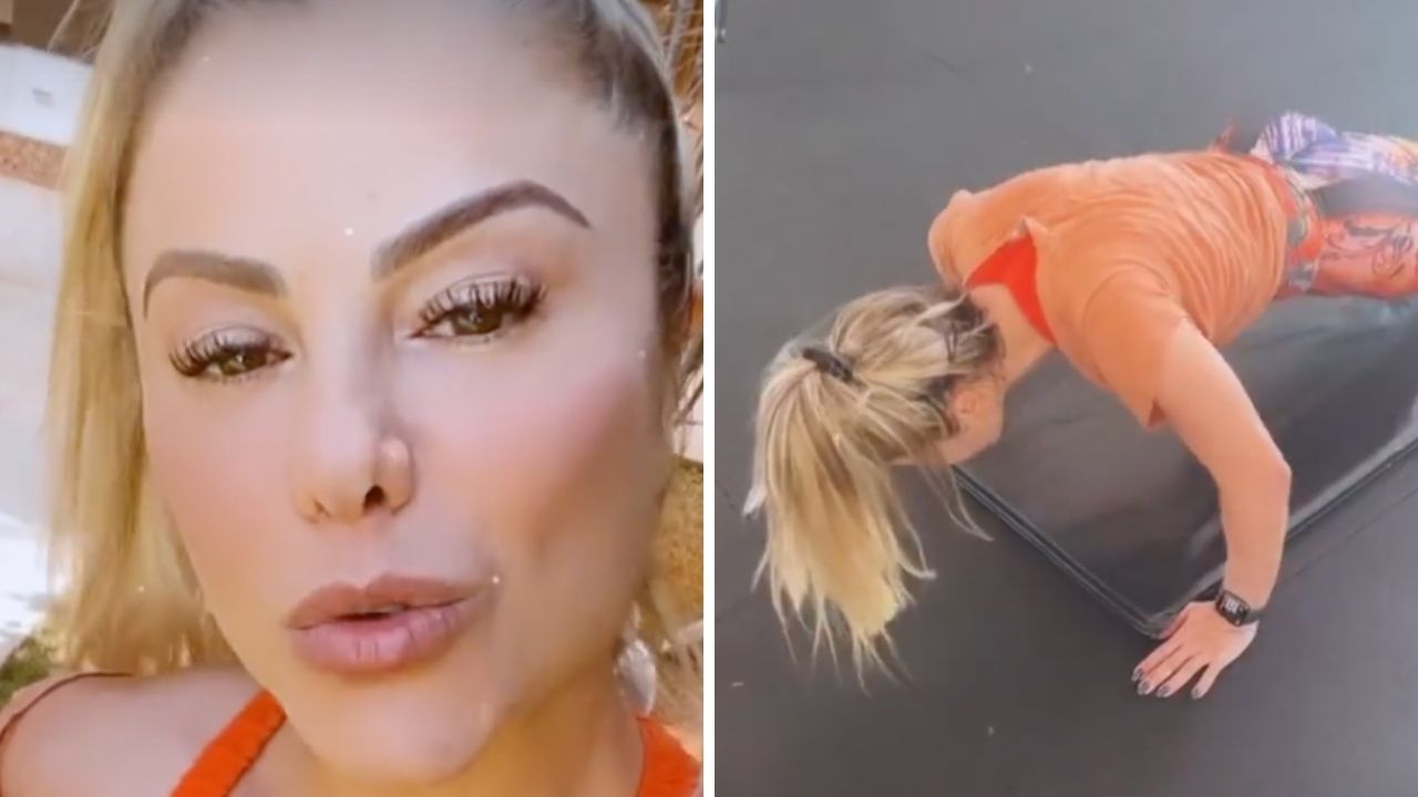 Derrubada, esposa de Leonardo exibe corpão em sua academia particular: “Do jeito que meu corpo aguenta”