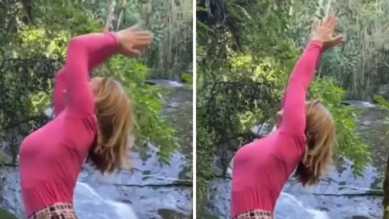 Aos 42 anos, Sheila Mello dá show de flexibilidade se alongando em cachoeira e impressiona: “Novinha faz isso?”