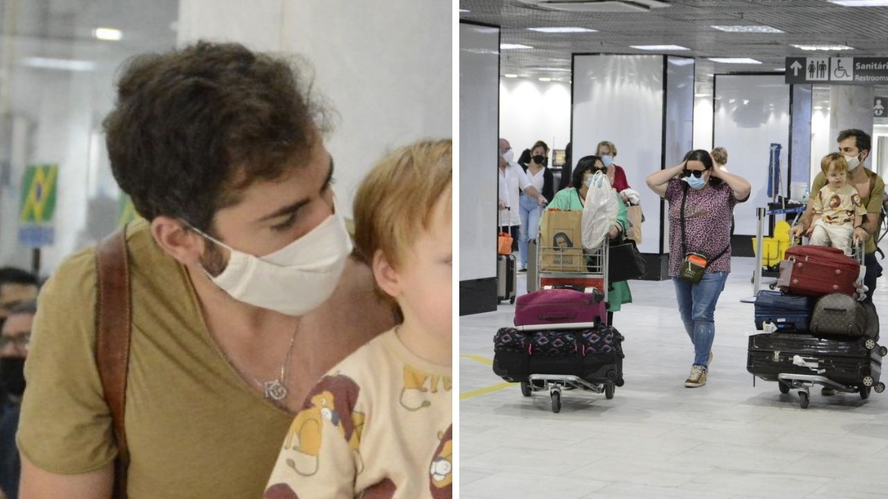 Viúvo de Paulo Gustavo, Thales Bretas é flagrado desembarcando com o filho e a família do ator no RJ