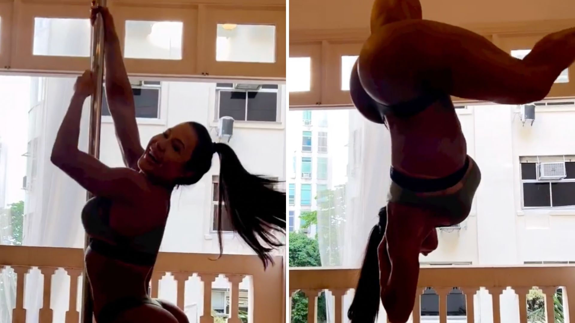 Ousada, Gracyanne Barbosa trepa no poste de calcinha e sutiã e Belo baba: “Perfeita”
