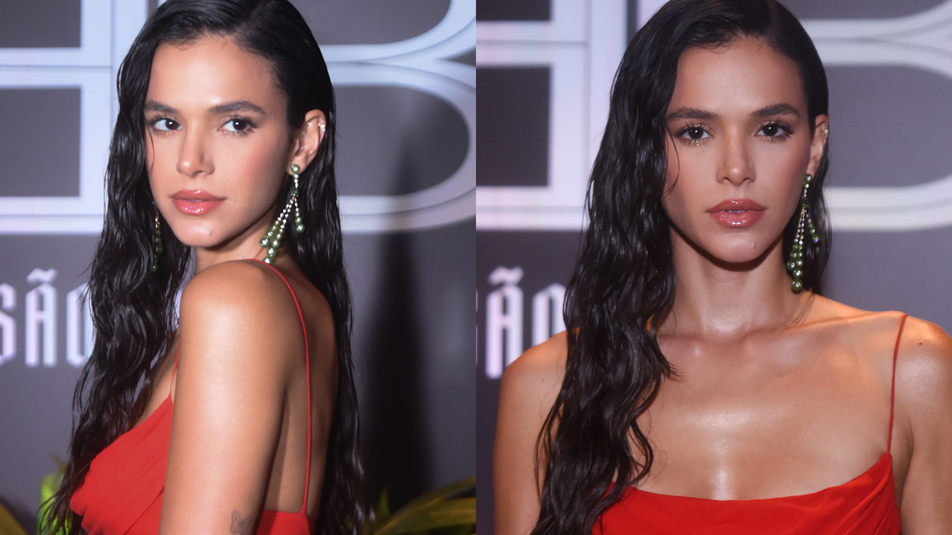 Bruna Marquezine desenha silhueta com vestido vermelho fatal em baile de gala