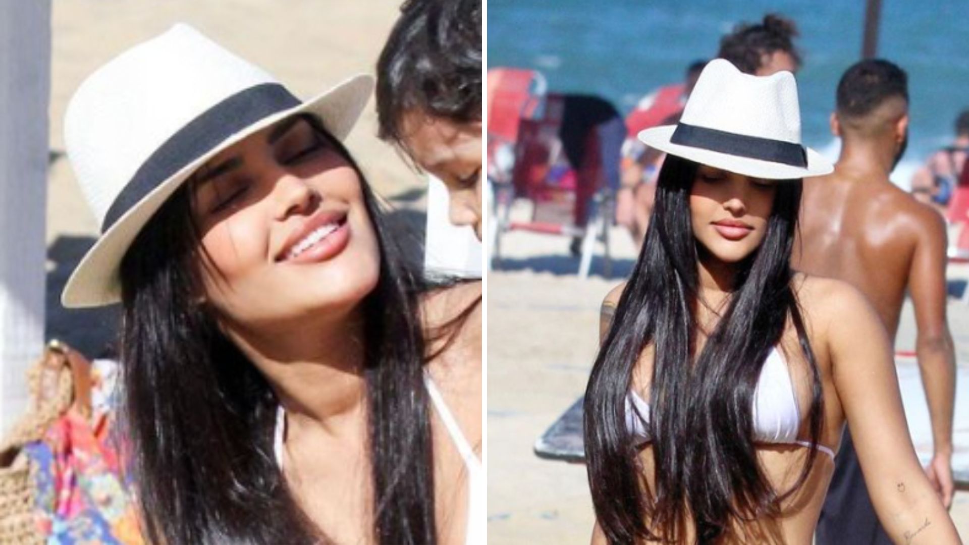 Flay vai à praia de biquíni fio-dental e posa de mãos dadas com o filho: “Mulher linda”