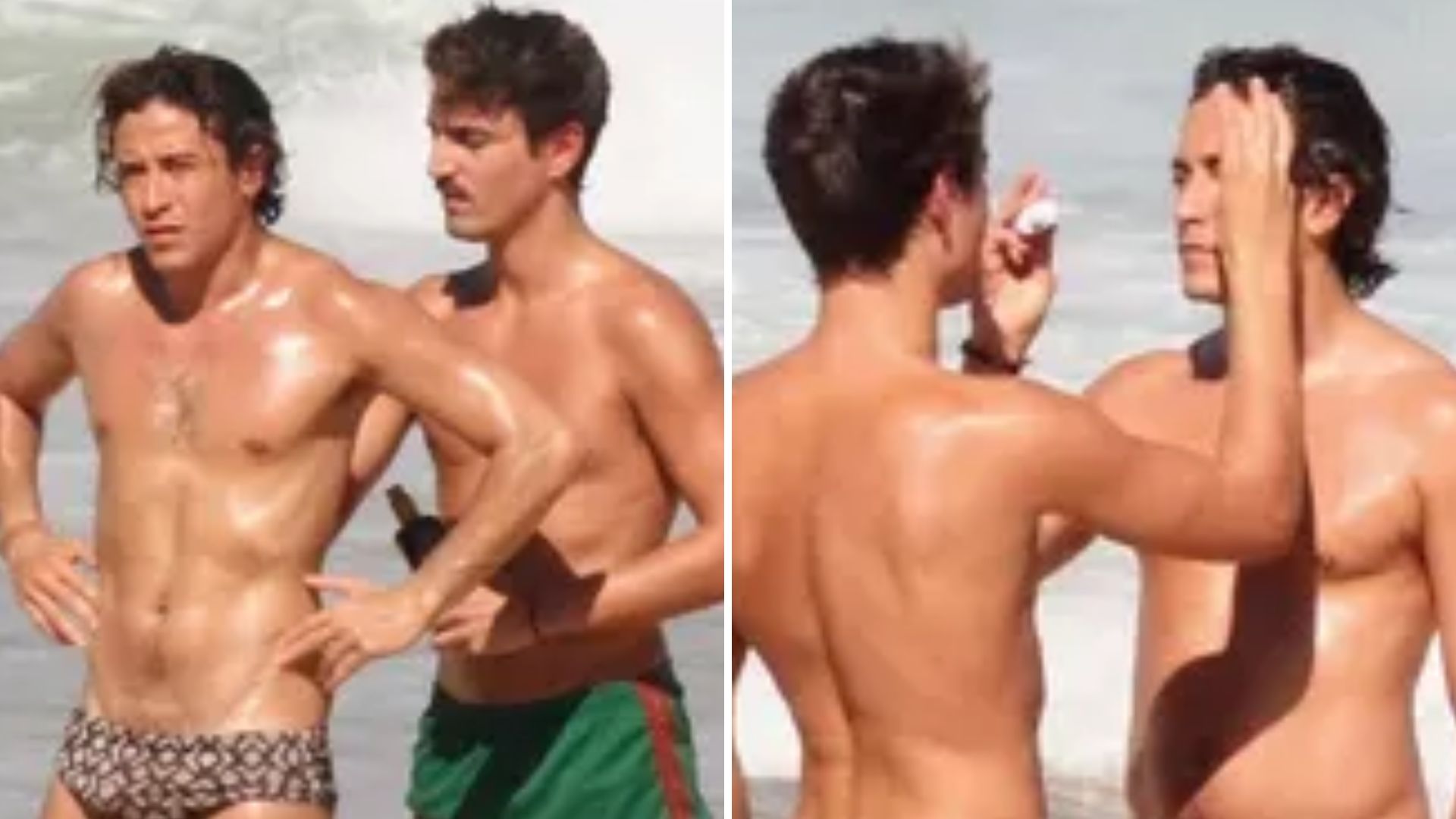 Jesuíta Barbosa troca carícias com affair na praia e passa protetor no corpão do gato