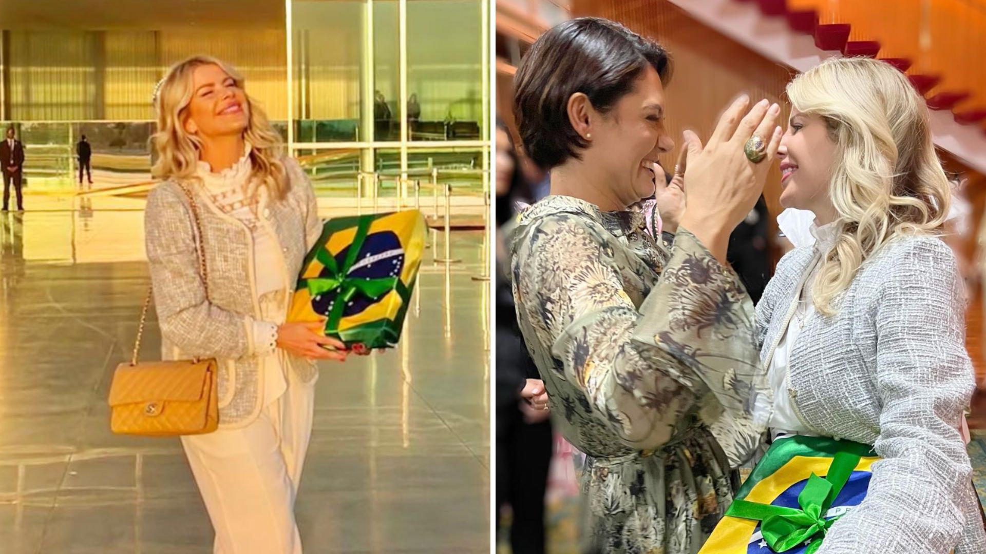 Karina Bacchi visita Michelle Bolsonaro e dá presente embrulhado na bandeira do Brasil