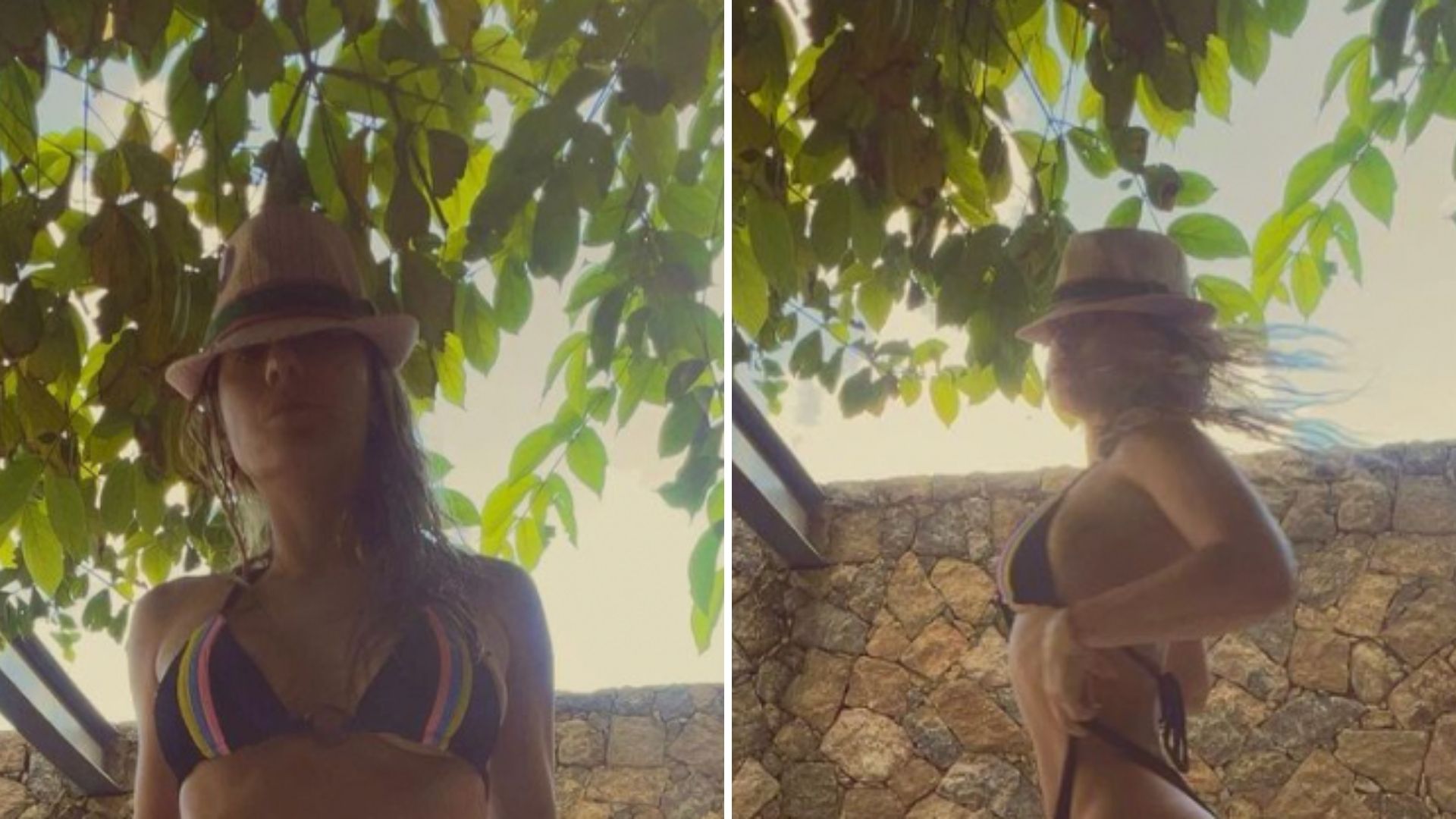 Aos 43 anos, Carolina Dieckmann puxa a calcinha do biquíni em cliques ousados