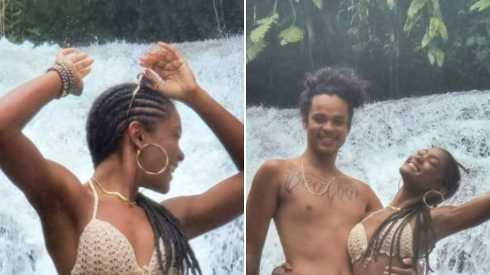 Perfeita! Erika Januza toma banho de cachoeira de biquíni de crochê com o namorado