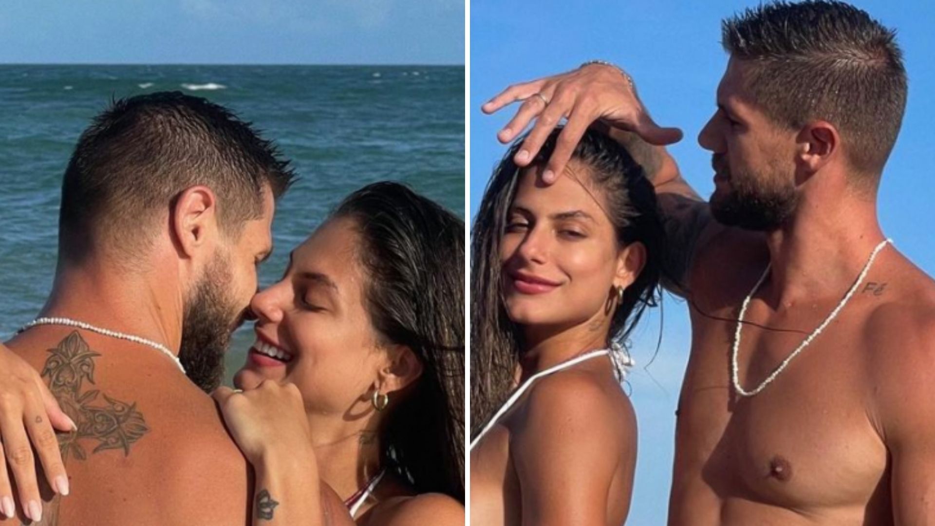 Gente? De sunga, Jonas Sulzbach exibe ‘volumão’ em cliques com Mari Gonzalez