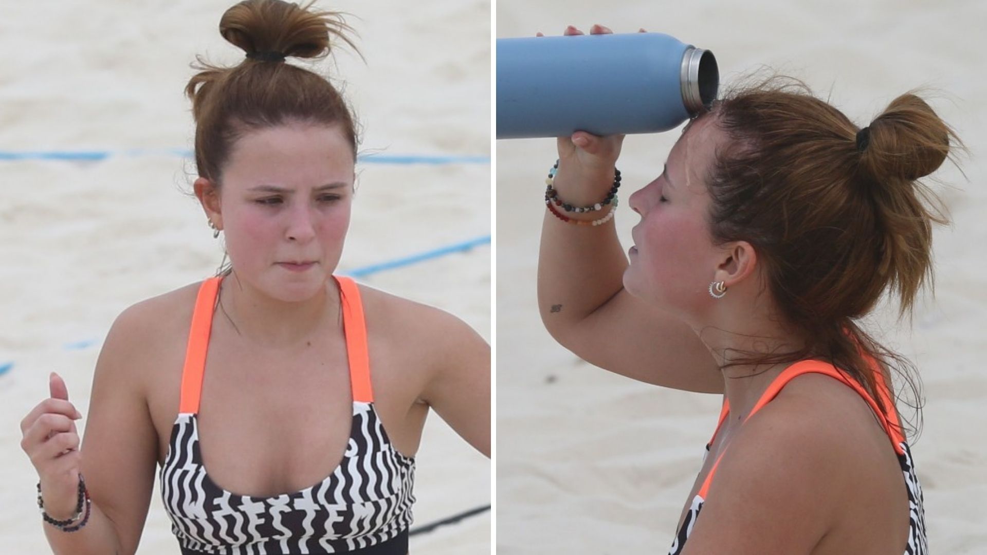 Larissa Manoela treina pesado de shortinho e top e passa perrengue em praia no Rio