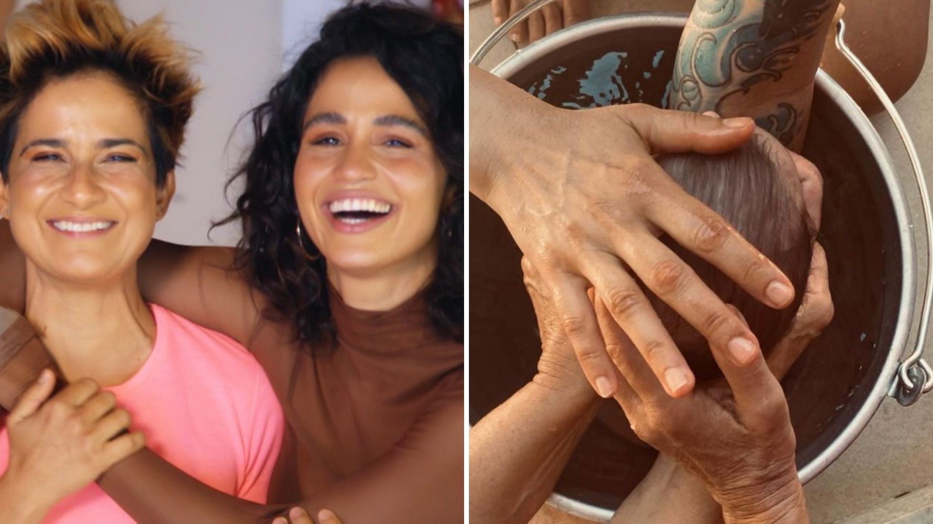 Simplicidade: Nanda Costa e Lan Lanh mostram as gêmeas em banho de balde