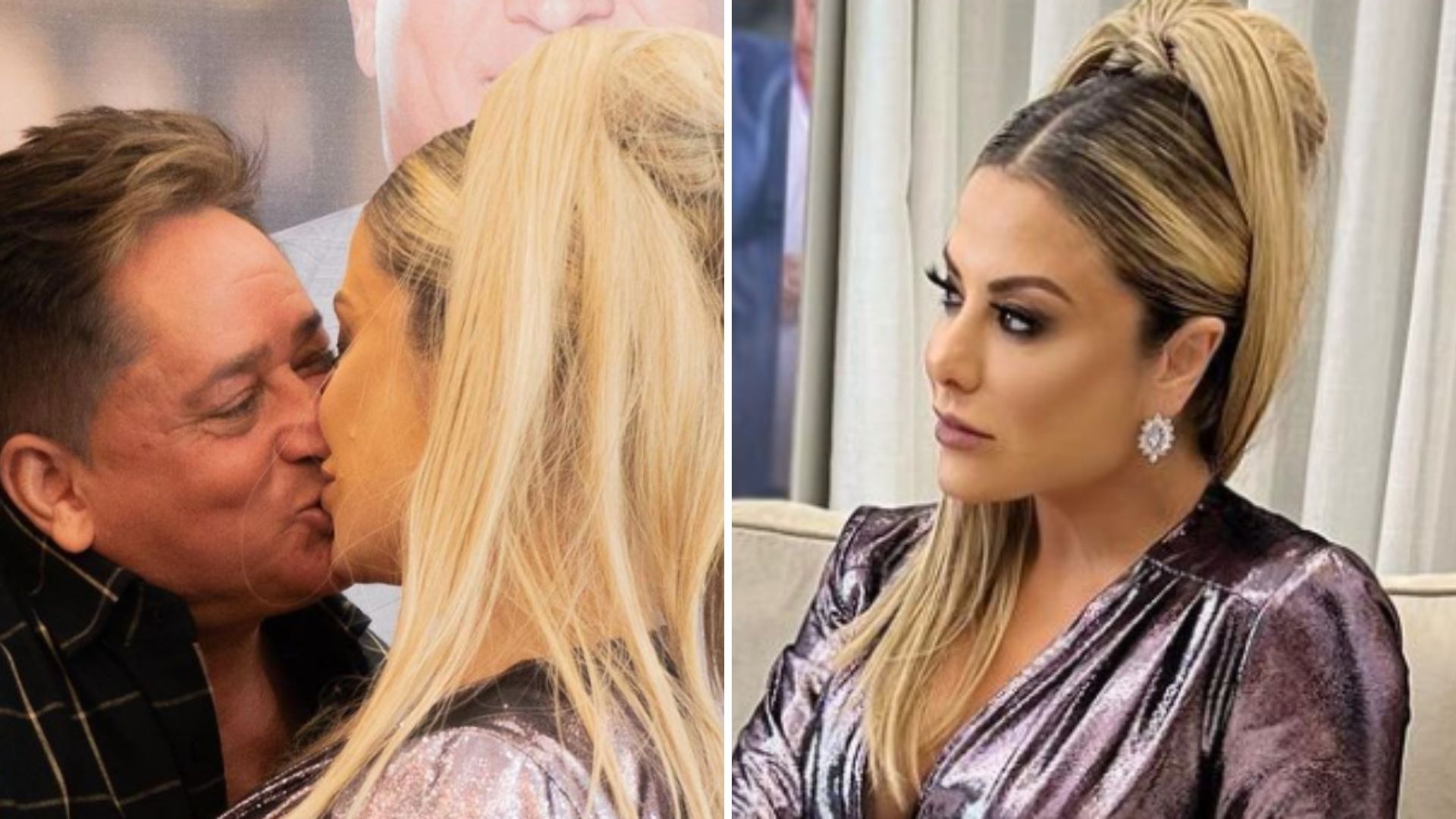 Esposa de Leonardo escolhe vestido metalizado e ganha beijo quente: “Deliciosa”