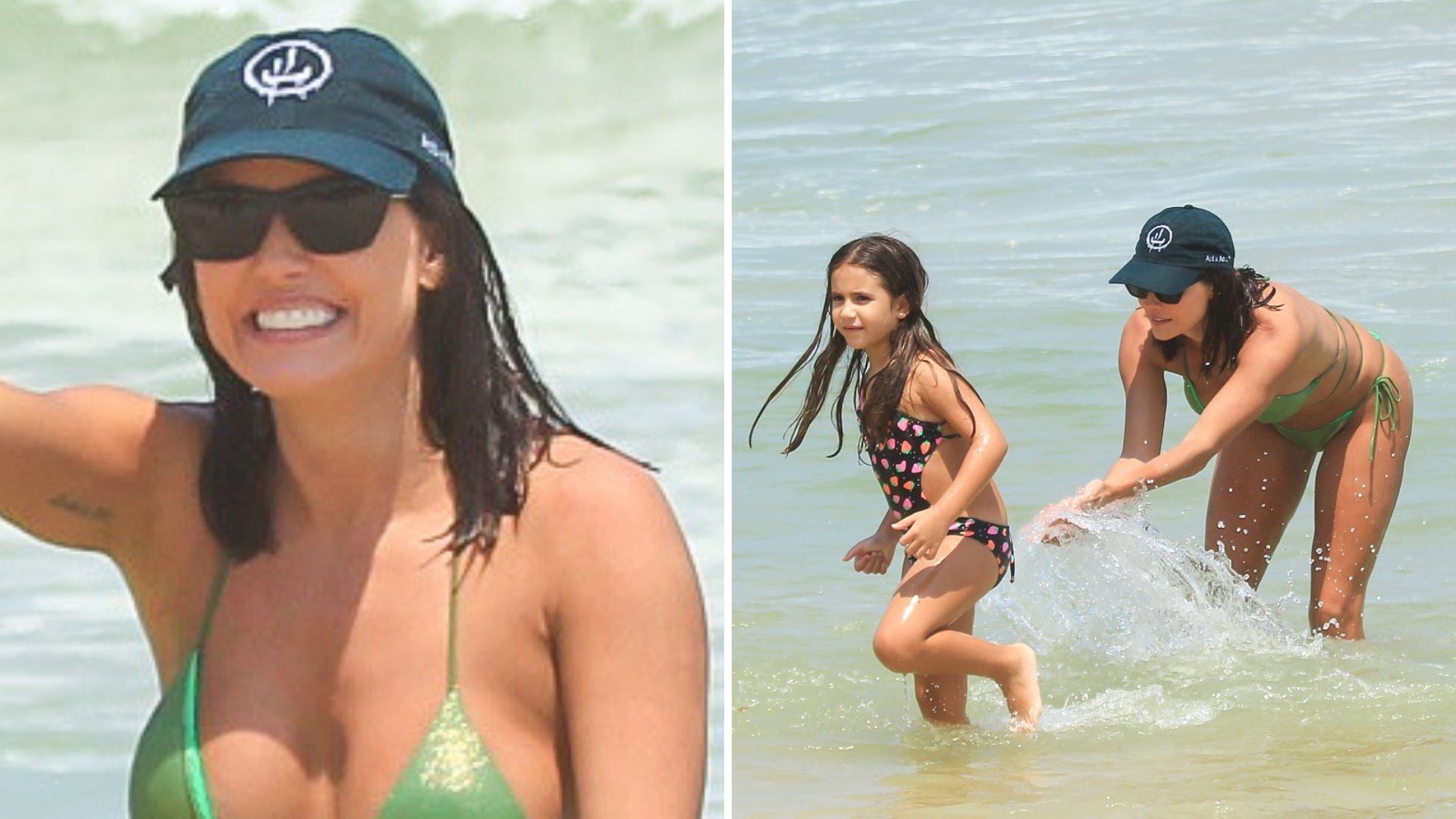 Que lindas! Deborah Secco vai à praia com a filha e exibe corpaço de fio-dental