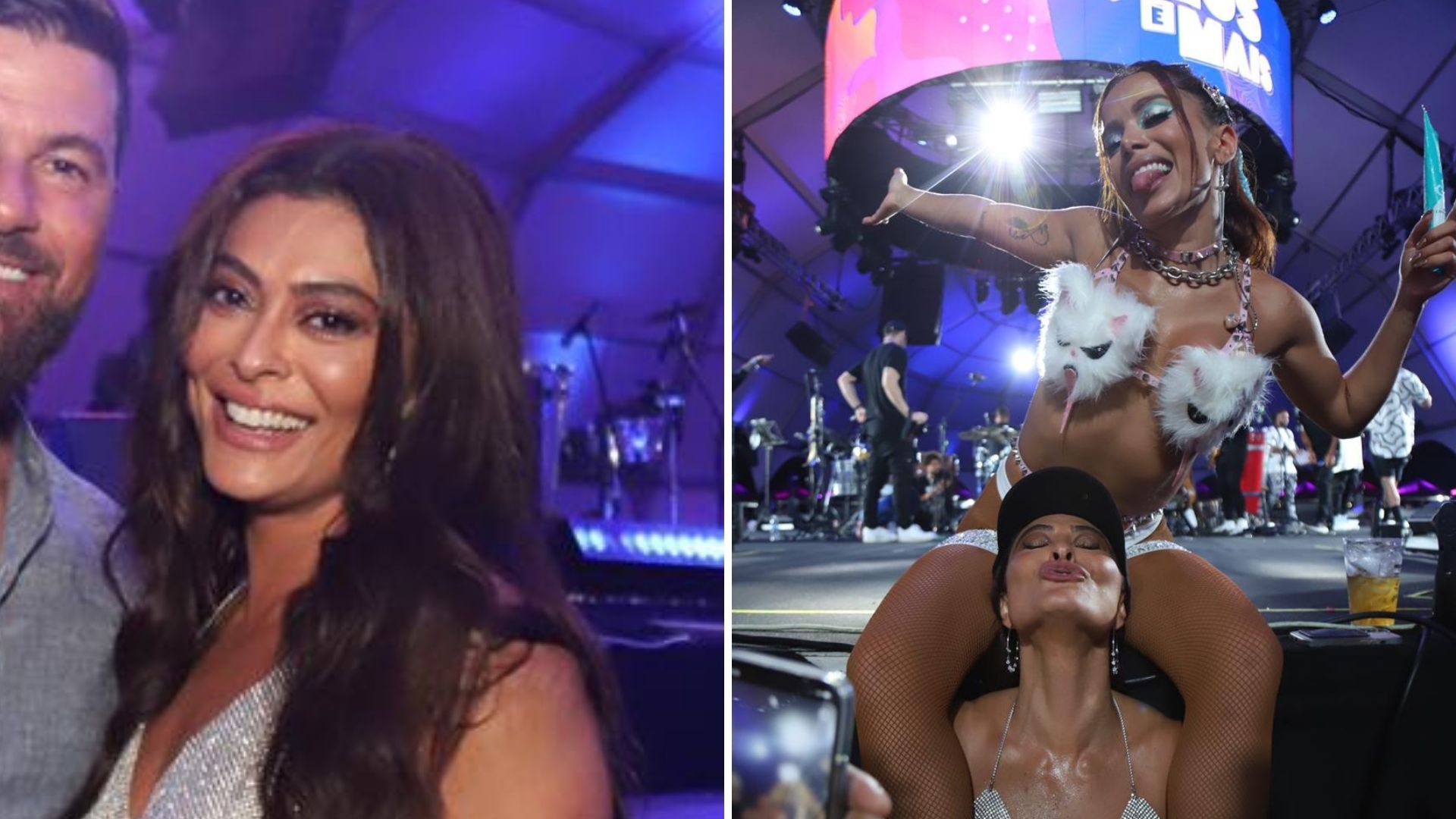 Sem sutiã, Juliana Paes curte noitada com o marido, se empolga e se joga com Anitta