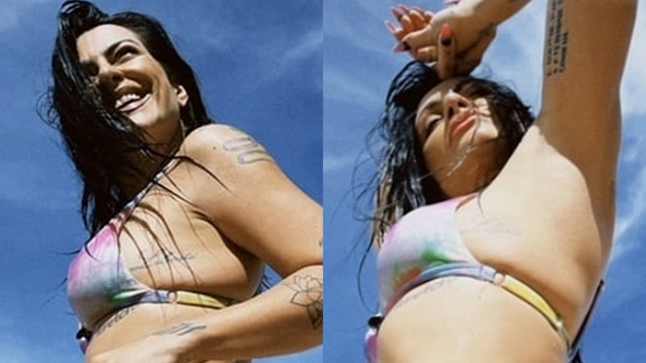 Cleo posa com biquíni sumindo no bumbum em dia de praia e jogador de futebol se interessa: “É o que me falta”