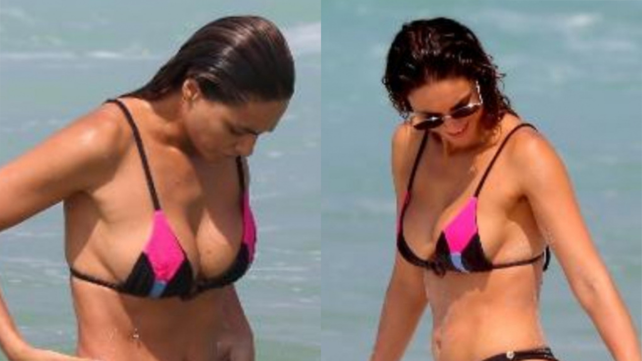 De biquíni cavado, Débora Nascimento aproveita dia na praia ao lado da filha, Bella