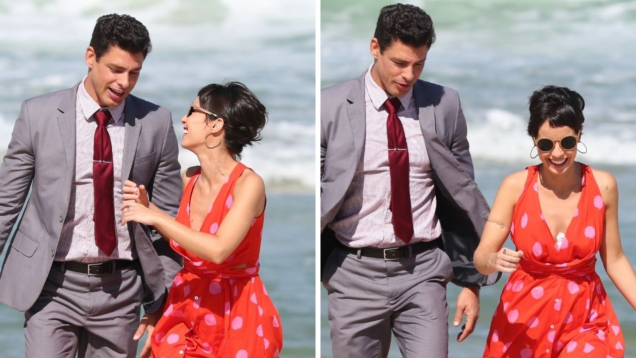 Cauã Reymond e Andréia Horta protagonizam beijão na praia em gravação da nova novela das 9