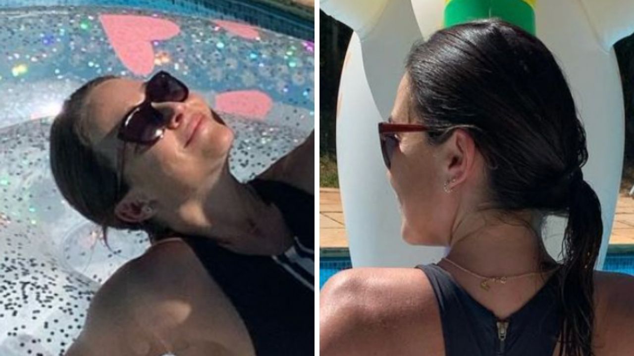 Aos 47 anos, Gabriela Duarte aparece jovial ao tomar sol na piscina de sua mansão: “Que delícia”