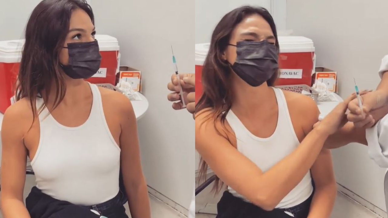 Isis Valverde vence medo de agulhas e chora ao receber primeira dose da vacina contra a Covid-19: “Alegria!”