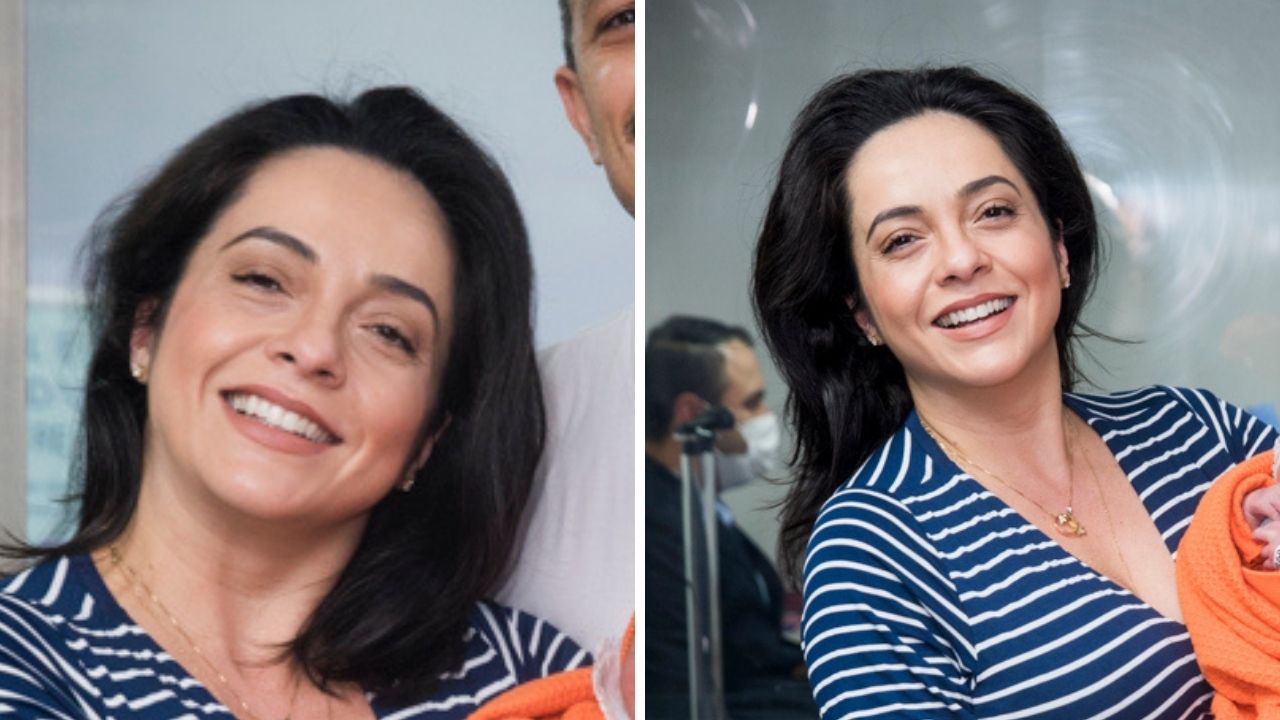 Após ser mãe aos 40, Izabella Camargo deixa a maternidade com a filha e o marido em momento feliz