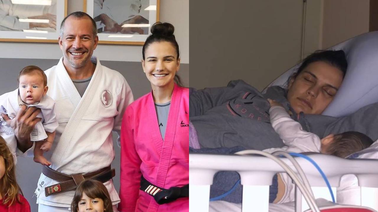 Internado, filho caçula de Malvino Salvador surge dormindo com Kyra Gracie em cama hospitalar: “Campeão”