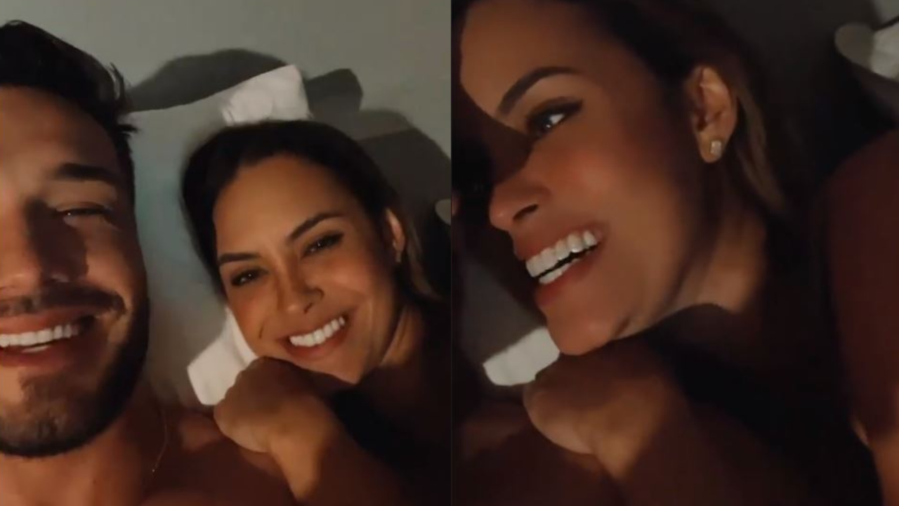 Ex-BBB Sarah Andrade e Lucas Viana trocam carinhos na cama durante viagem romântica