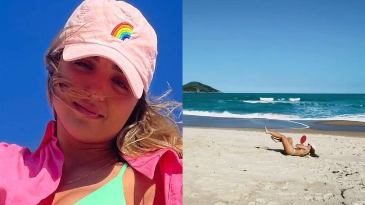 No Rio de Janeiro, ex-BBB Rafa Kalimann leva tombo feio enquanto jogava frescobol com amigos na praia