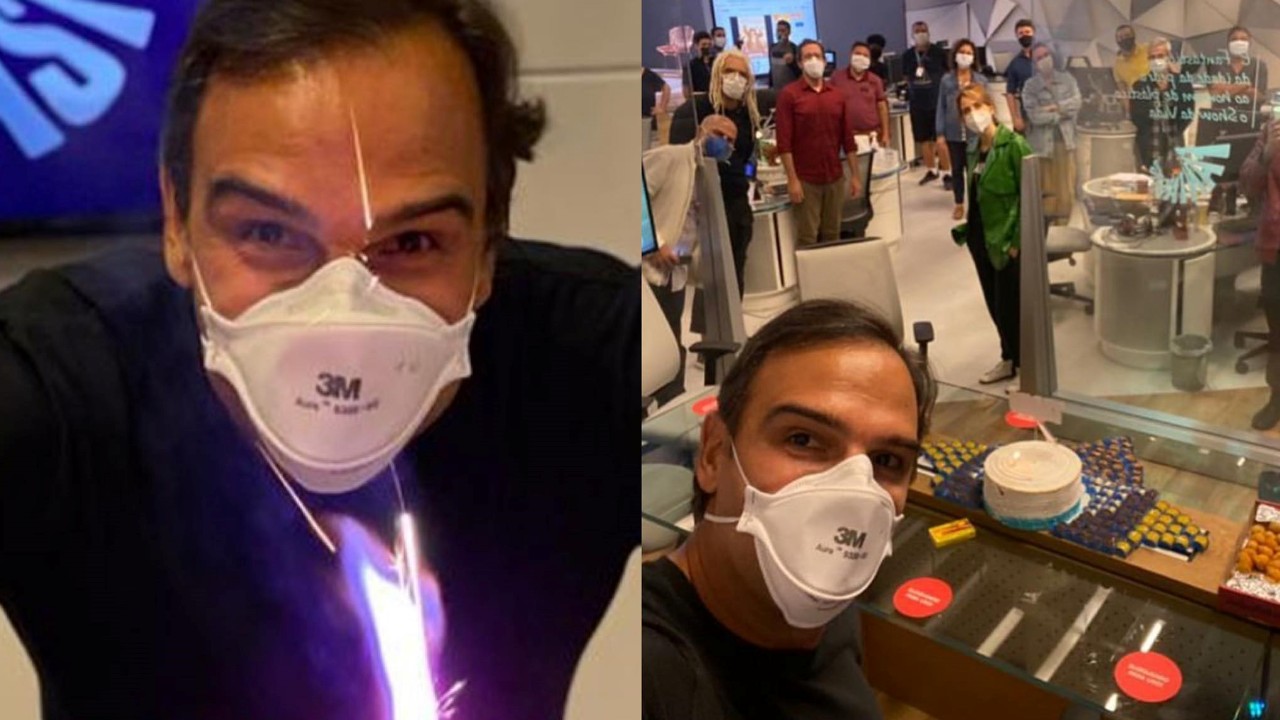 Tadeu Schmidt ganha festa de aniversário nos bastidores do Fantástico com tema da vacina da Covid-19: “Coisa linda”