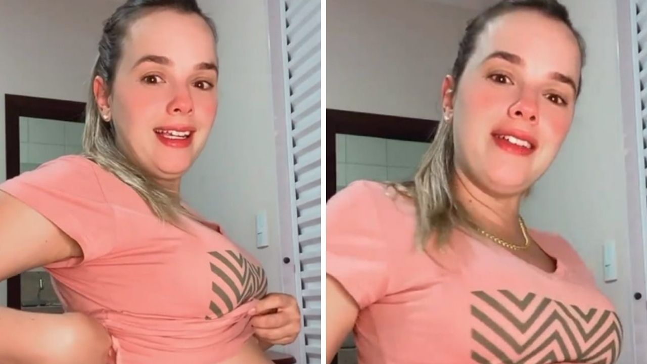 Thaeme Mariôto ergue a camiseta, exibe barrigão e se surpreende com o tamanho: “Muito grande, né?”