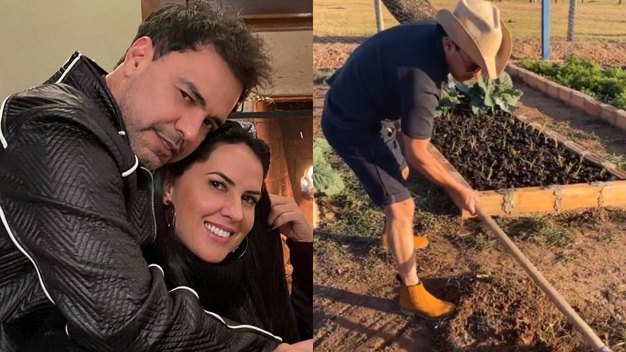 De chapéu e bota, Zezé Di Camargo é flagrado por Graciele Lacerda capinando horta da fazenda: “Cowboy”