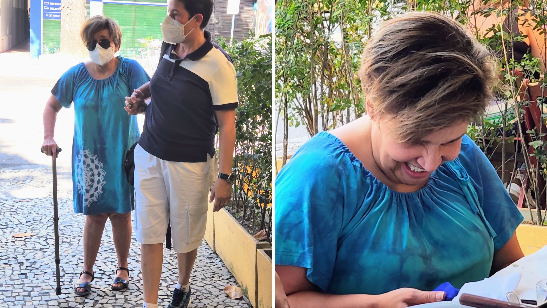 Claudia Rodrigues chega amparada para almoço em comemoração ao primeiro mês de namoro
