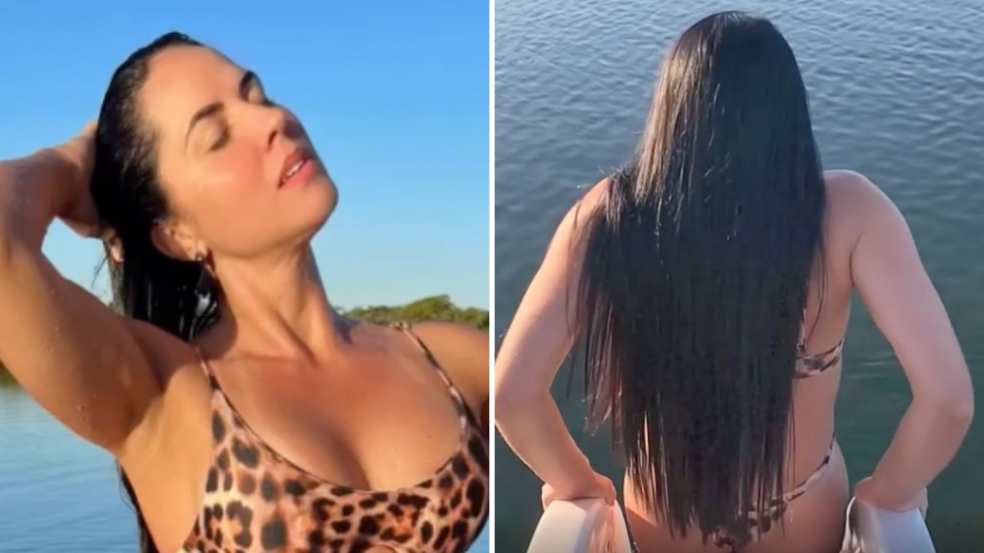 Fortona, noiva de Zezé di Camargo mergulha em represa de biquíni fio-dental: “Mulher linda”