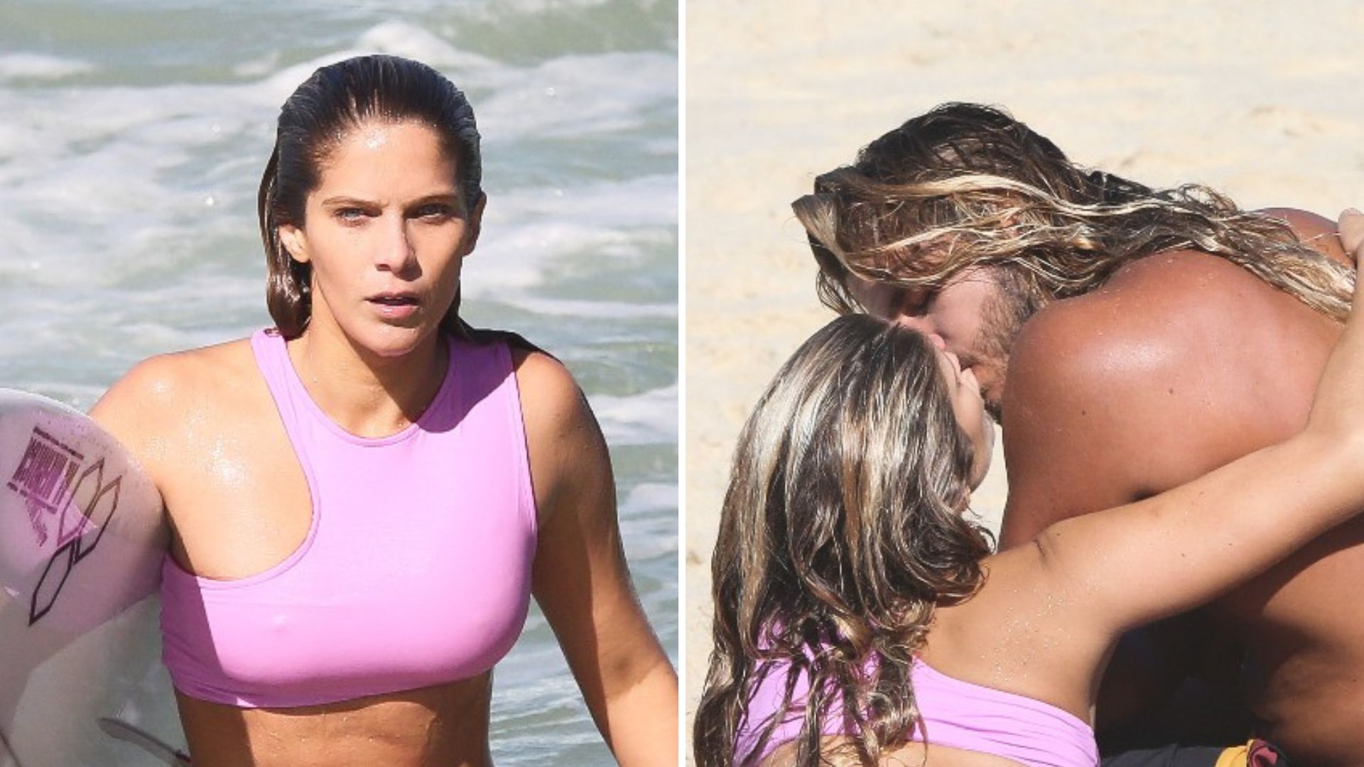 Isabella Santoni troca beijos, posa para fotos e passa perrengue em praia no Rio