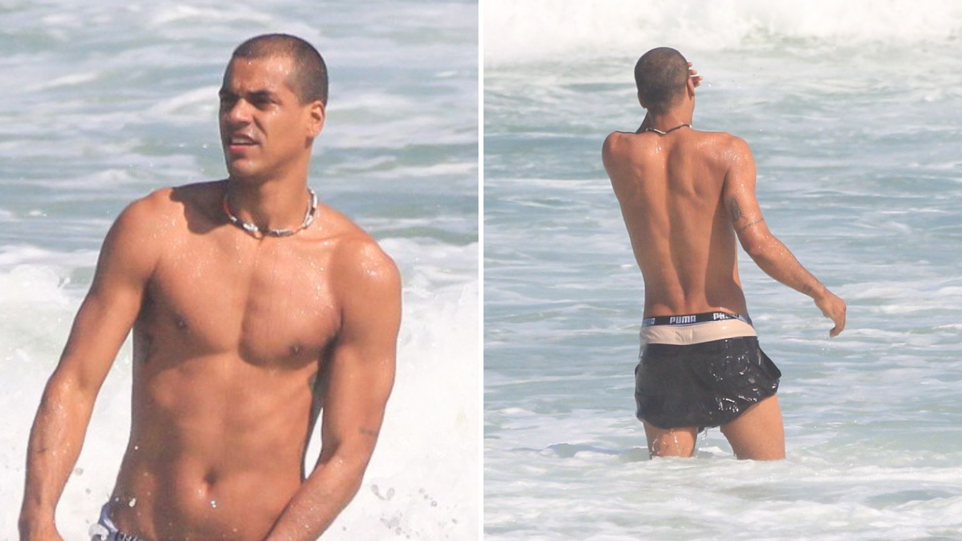 Que saúde! Marcello Melo Jr dá ‘segurada na mala’ ao tomar banho de mar de shortinho e cueca