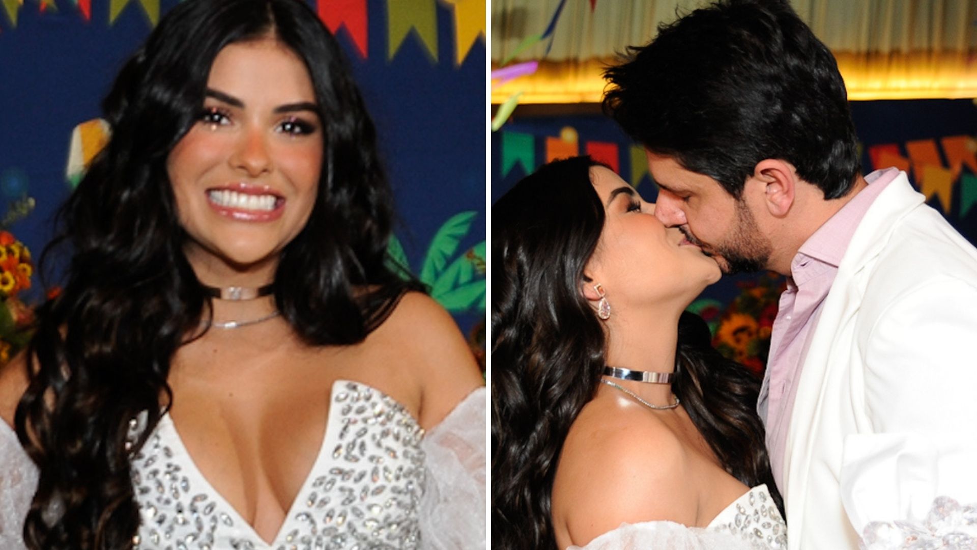 Com vestido ousado, ex-BBB Munik se casa em festa de aniversário e dá beijão no namorado