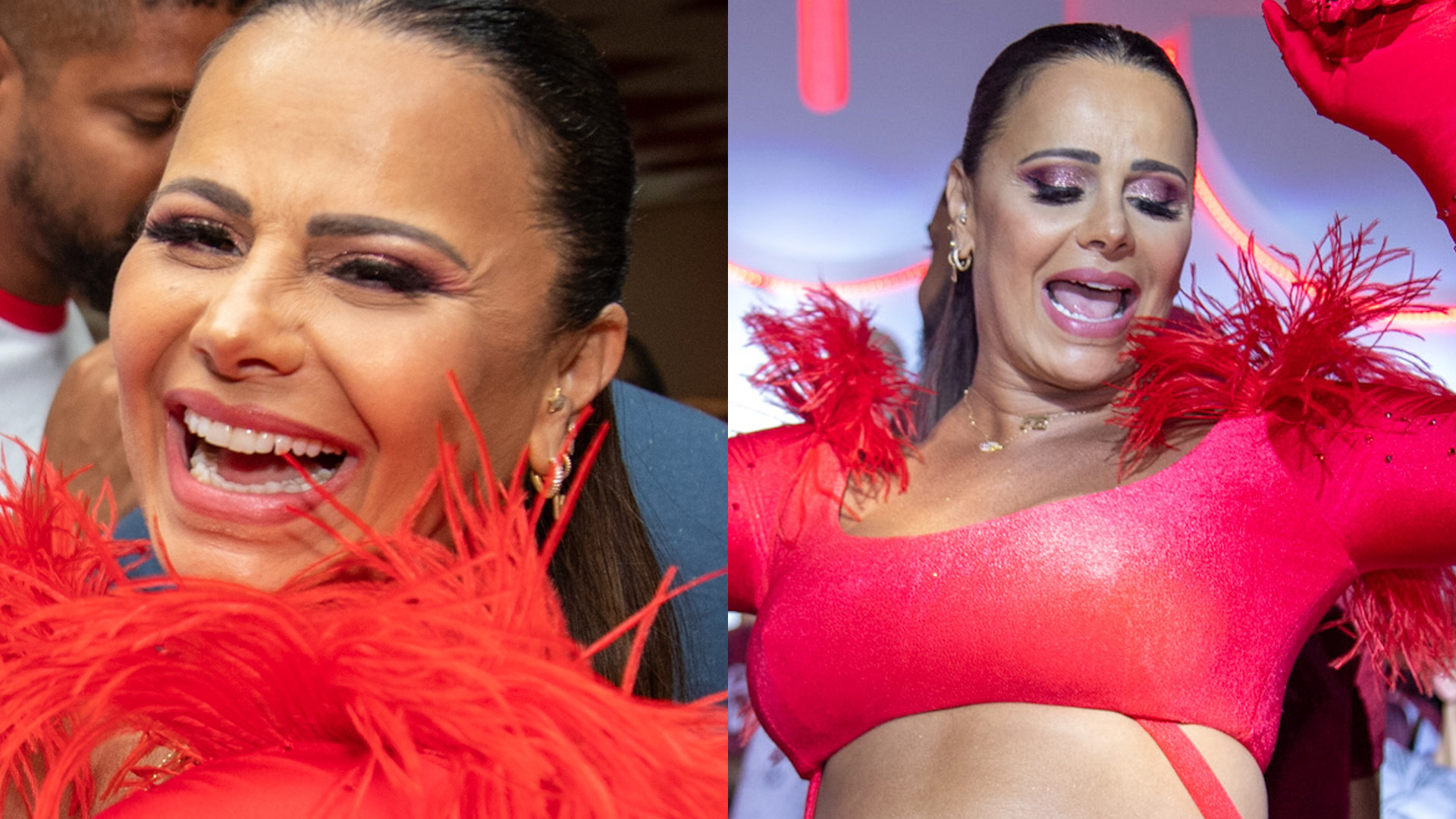 Viviane Araújo samba muito com o barrigão à mostra em evento de Carnaval