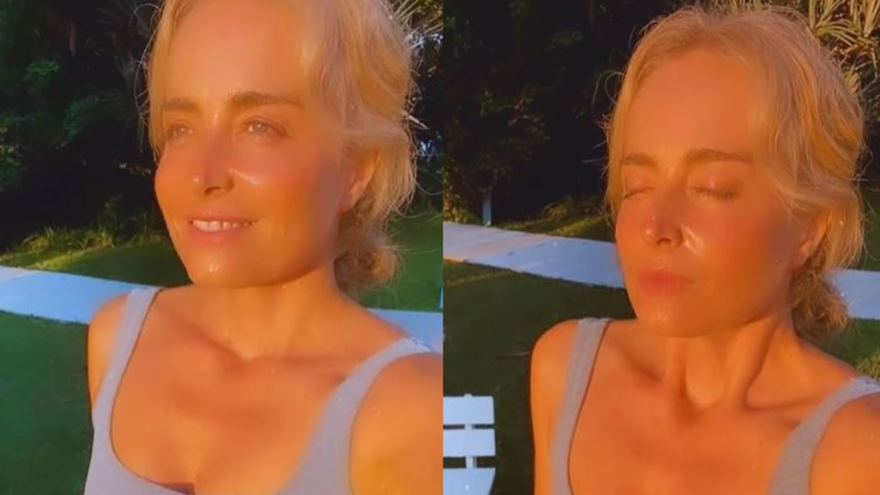 Aos 47 anos, Angélica ostenta abdômen sequinho após treino pesado e reflete: “Respira e não pira”