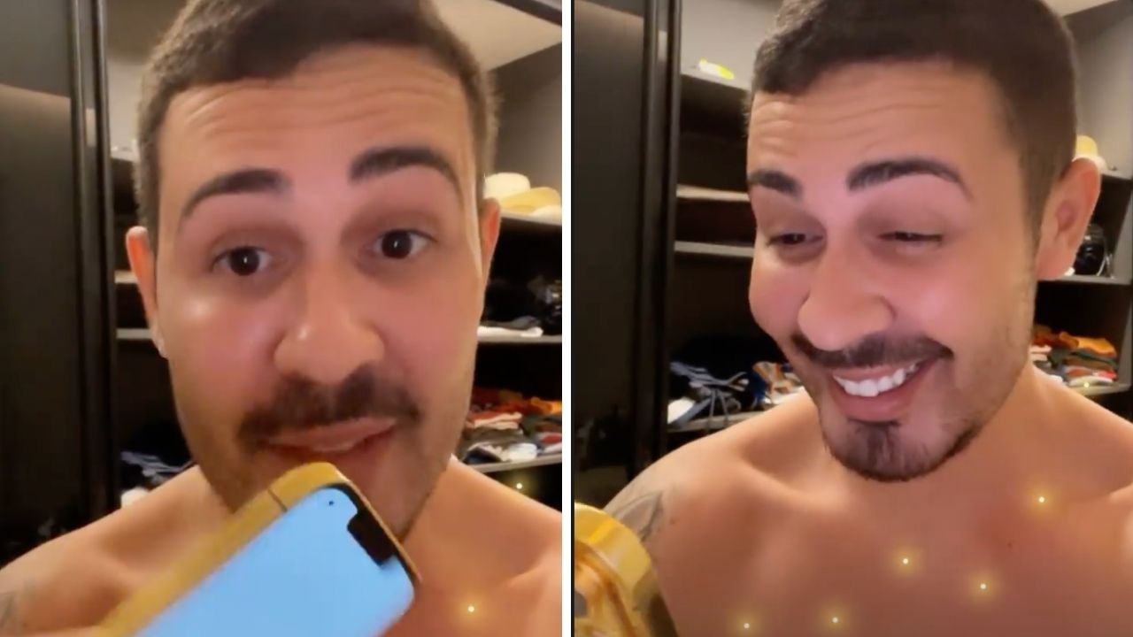 Ostentação! Carlinhos Maia ganha celular coberto de ouro e fica em choque: “Não é a capinha, é o telefone mesmo”