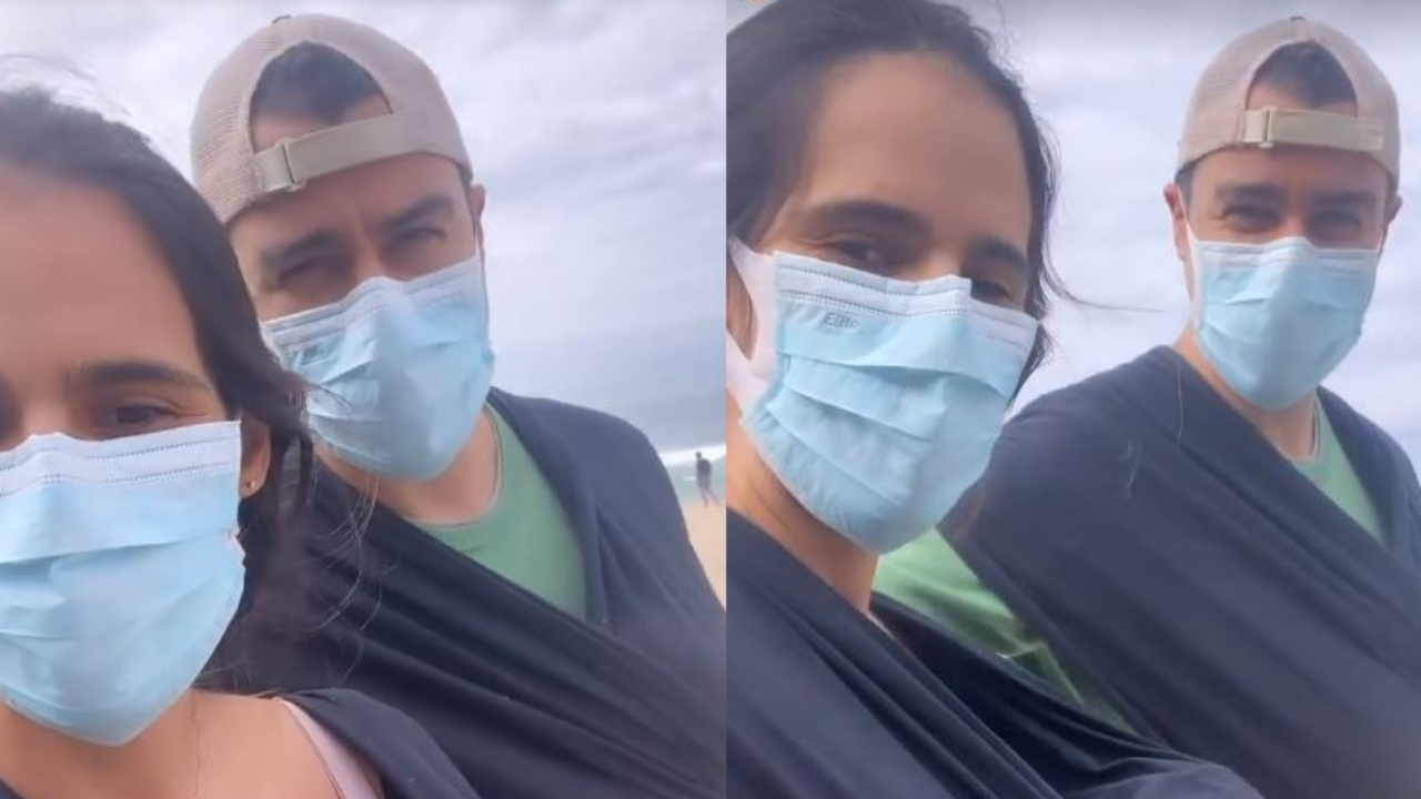Após alta hospitalar das gêmeas, Joaquim Lopes e Marcella Fogaça levam as filhas para passeio na orla