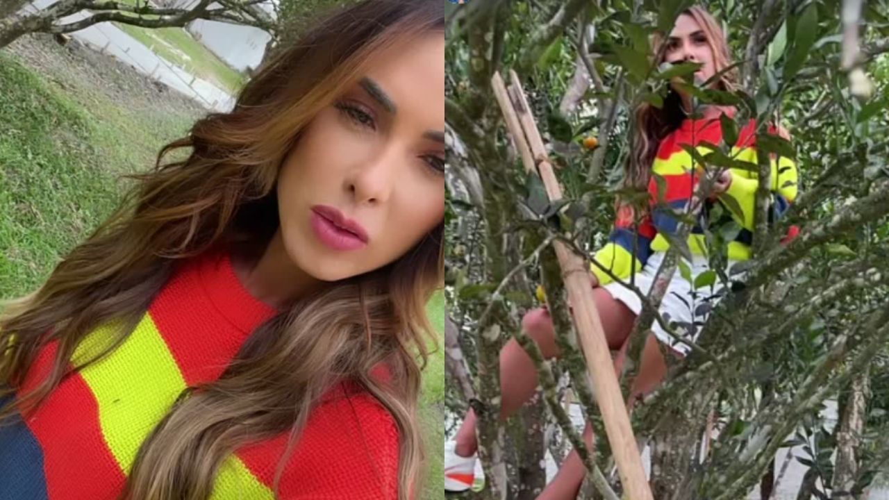 Perrengue! Toda produzida, Nicole Bahls fica presa em pé de mexerica, mas se preocupa com o look: “Meu tênis é novo”