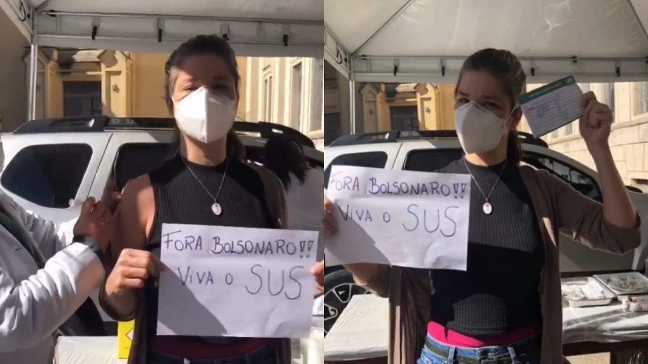 Samara Felippo é vacinada contra Covid-19 com placa de ‘Fora Bolsonaro’ e lamenta mortes: “Podíamos ter evitado”