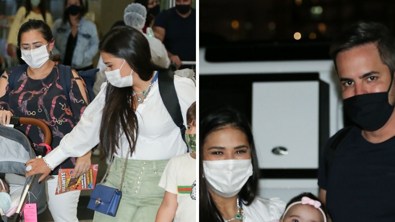 Simone desembarca em São Paulo ao lado dos filhos e beleza da caçulinha Zaya rouba a cena