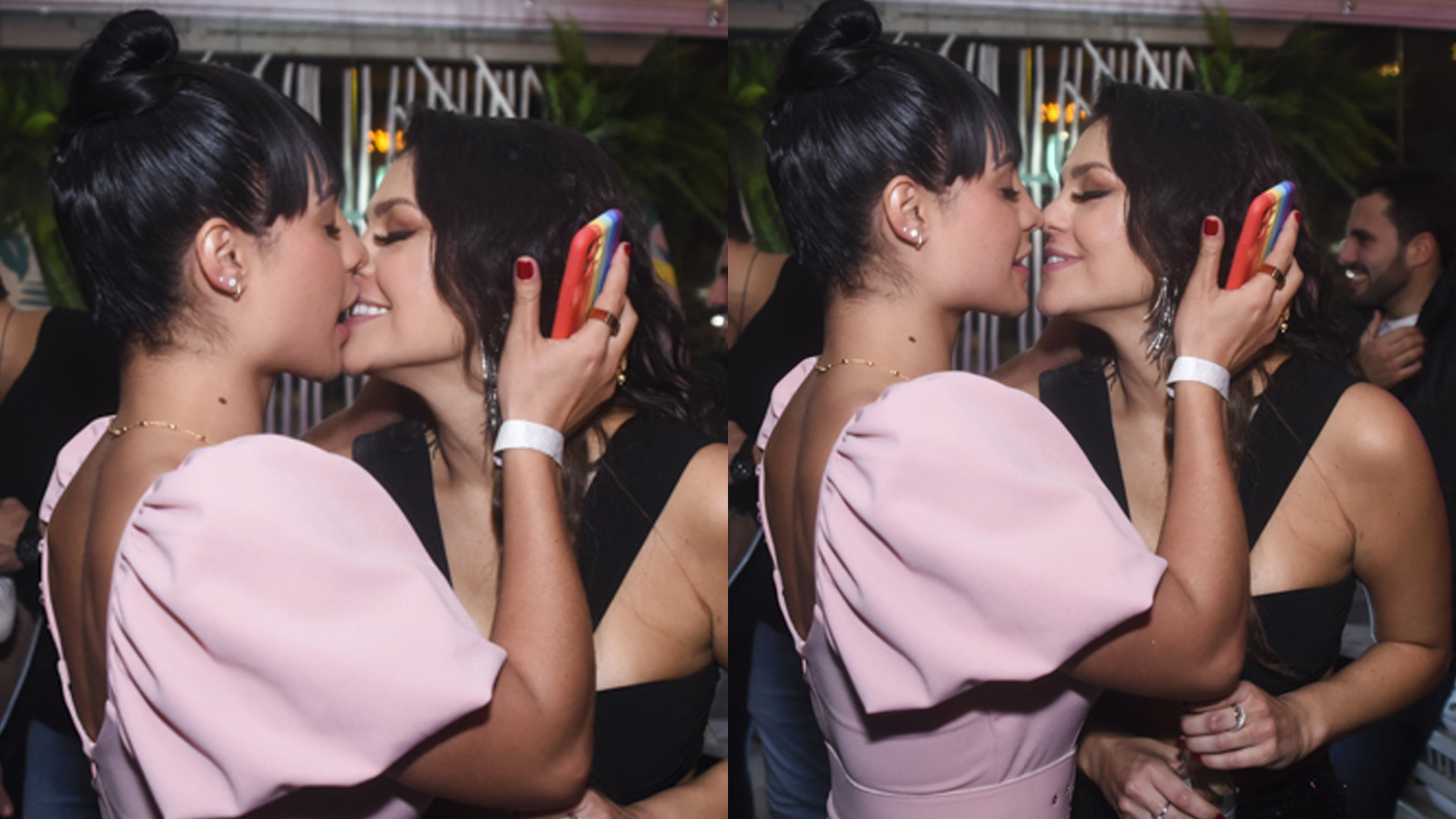 Ex-peoa Aline Mineiro tasca beijão em amiga na frente do namorado; veja fotos