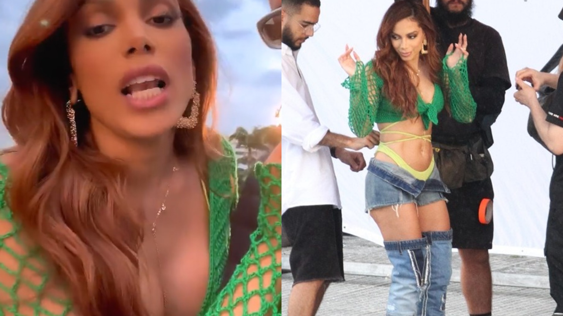 Anitta surge com decote ousado, abre o short e mostra a calcinha em gravação de clipe
