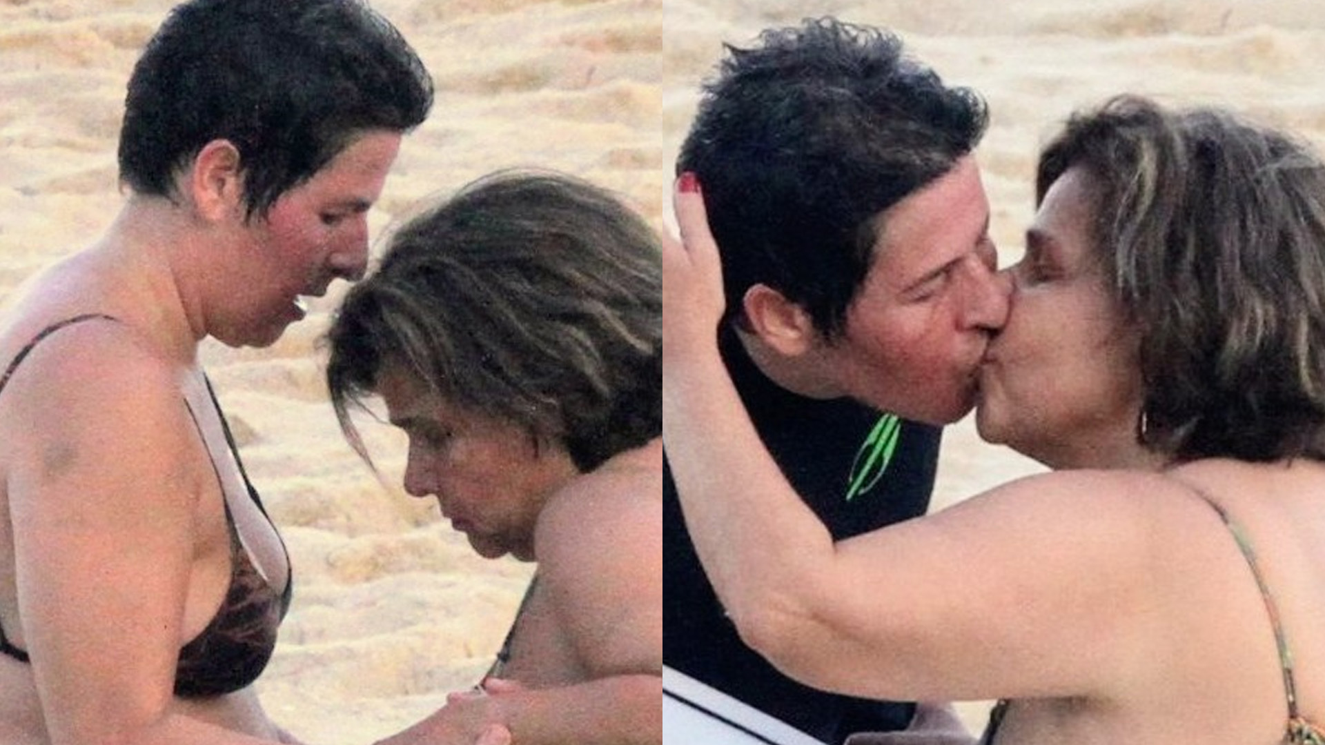 Claudia Rodrigues beija namorada na praia em momento romântico